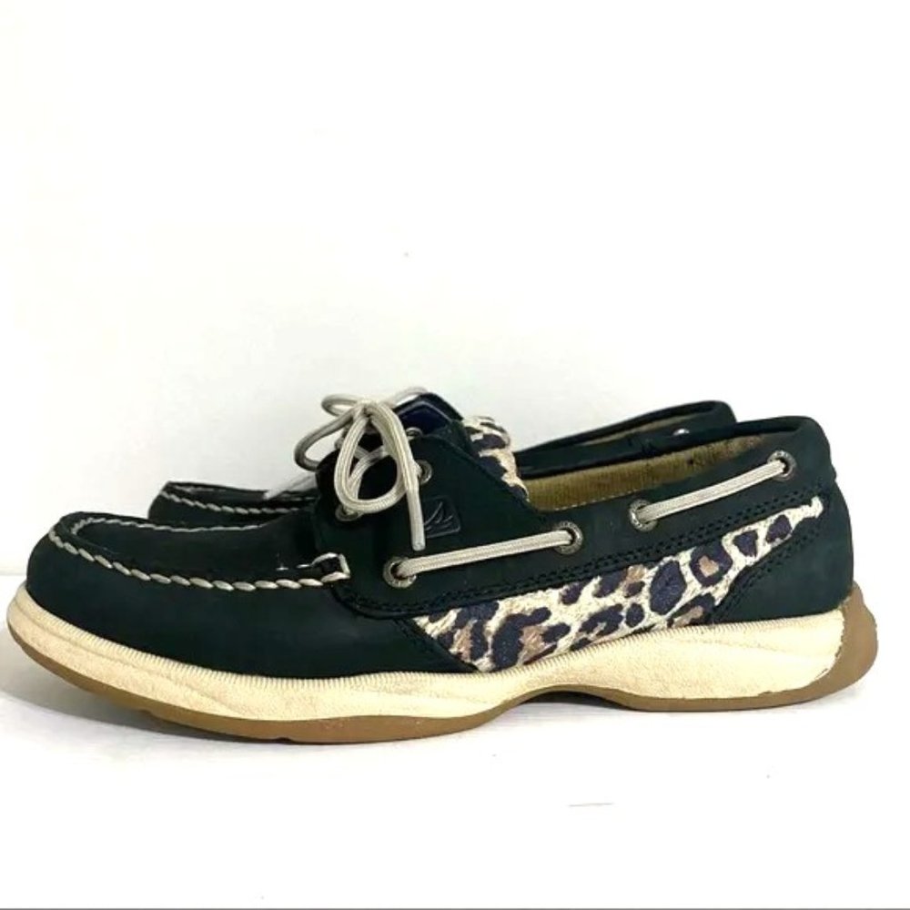 Sperry Top Sider Black Leather Lace Up Boat Shoes Leopard Women's size 6.5